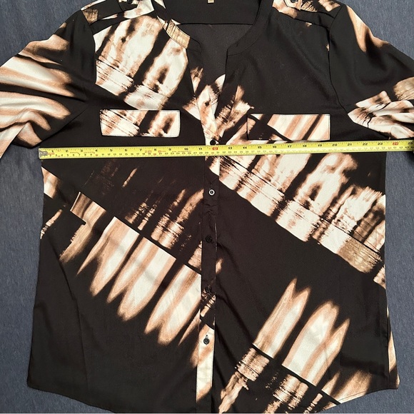 Calvin Klein Modern Graphic Top Blouse XL Multicolor Long Roll Tab Sleeve Black - Picture 6 of 14